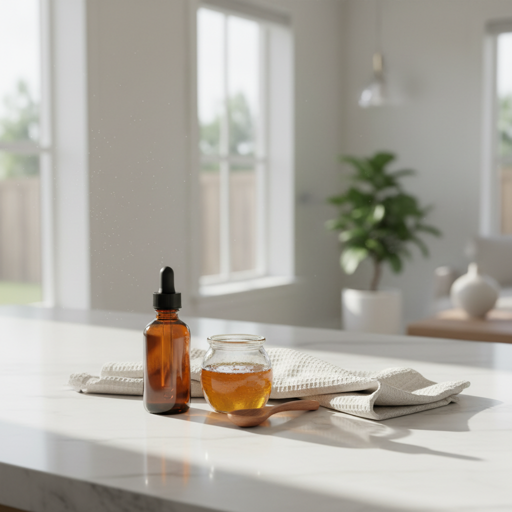 Clean, minimal wellness lifestyle photo in a bright modern American home. A simple arrangement on a light stone or marble countertop: an unbranded amber glass bottle, a small glass jar of golden honey, a wooden spoon, and a folded linen cloth. Soft natural window light, airy neutral tones, lots of negative space, calm and premium mood, realistic photography, shallow depth of field, no text, no logos, no labels, no watermark.

Recommended ratio: 1:1 (square) or 4:3