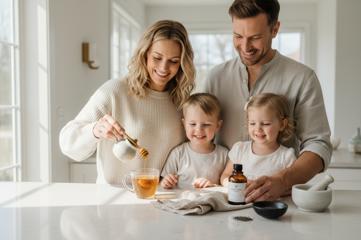 premium lifestyle photo in a bright, modern American home. A married couple (age 30-40) standing together with children at a light stone countertop, smilling naturally while preparing a simple wellness routine: the wife dizzles  honey into a cup of harbal tea, the husband places a branded "Blesses Nature" amber glass bottle on the counter. Minimal Props: wooden spoon, folded linen cloth, a few black seeds in a small bowl. warm natural window light, airy neutral tones, clam and premium. Logo "Blessed Nature"