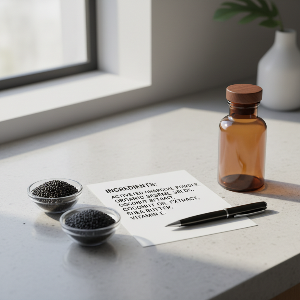 Premium minimalist product flat-lay on a light stone countertop in a bright modern American home. A clean printed ingredient list sheet with a pen, a small glass bowl of black seeds, and an unbranded amber bottle nearby. Soft natural window light, airy neutral tones, lots of negative space, realistic photography, shallow depth of field, high-end ecommerce look. No text on paper visible, no logos, no labels, no watermark. Square composition 1:1. cartoon style, 3d render, readable text