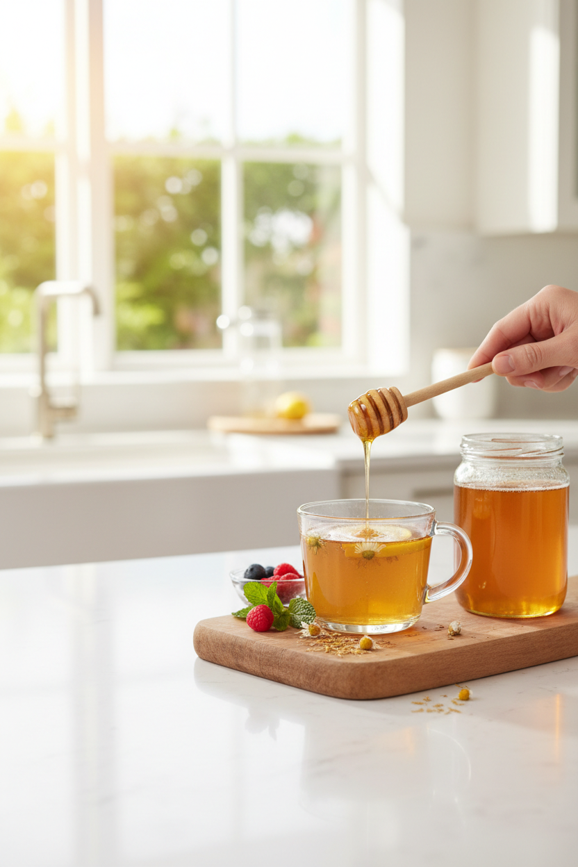 Premium organic honey lifestyle photo, bright modern American kitchen, warm natural daylight. A glass jar of golden honey and a wooden honey dipper dripping into herbal tea placed on the right third of the frame. Keep the left half clean and softly blurred (negative space for text overlay). Minimal composition, realistic photography, soft bokeh, no text, no labels, no logos, no watermark. Vertical 4:5.