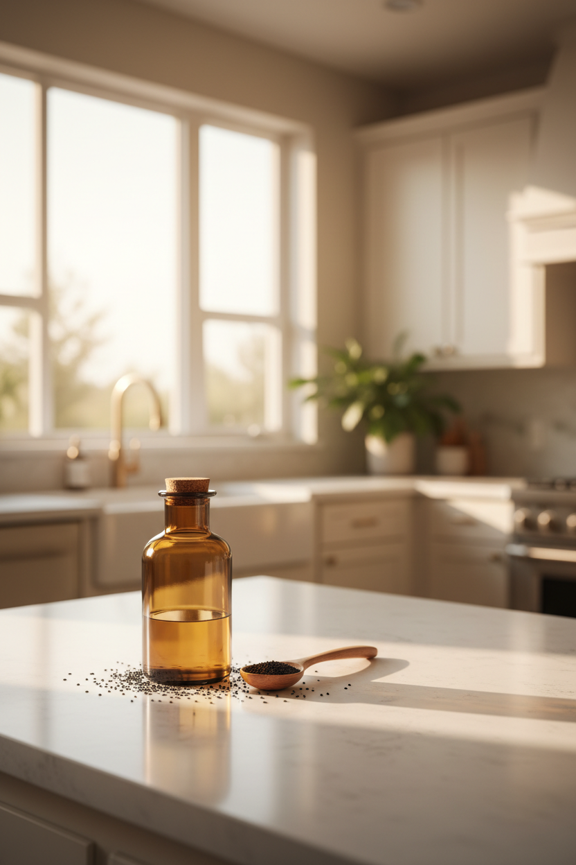 Premium wellness lifestyle photo, bright modern American home kitchen, warm natural daylight. Unbranded amber glass bottle on the left third of the frame with black cumin seeds and a small wooden spoon. Keep the right half clean and softly blurred (negative space for text overlay). Minimal composition, realistic photography, soft shadows, no text, no labels, no logos, no watermark. Vertical 4:5.